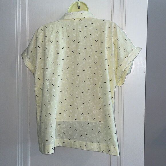 Vtg Y2K Blair light yellow cotton/polyester cap sleeve shirt with gray dots - Picture 6 of 8